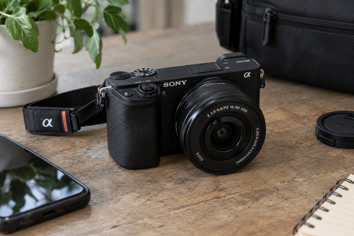 Sony Alpha 6400 sur un bureau de créateur ASMR